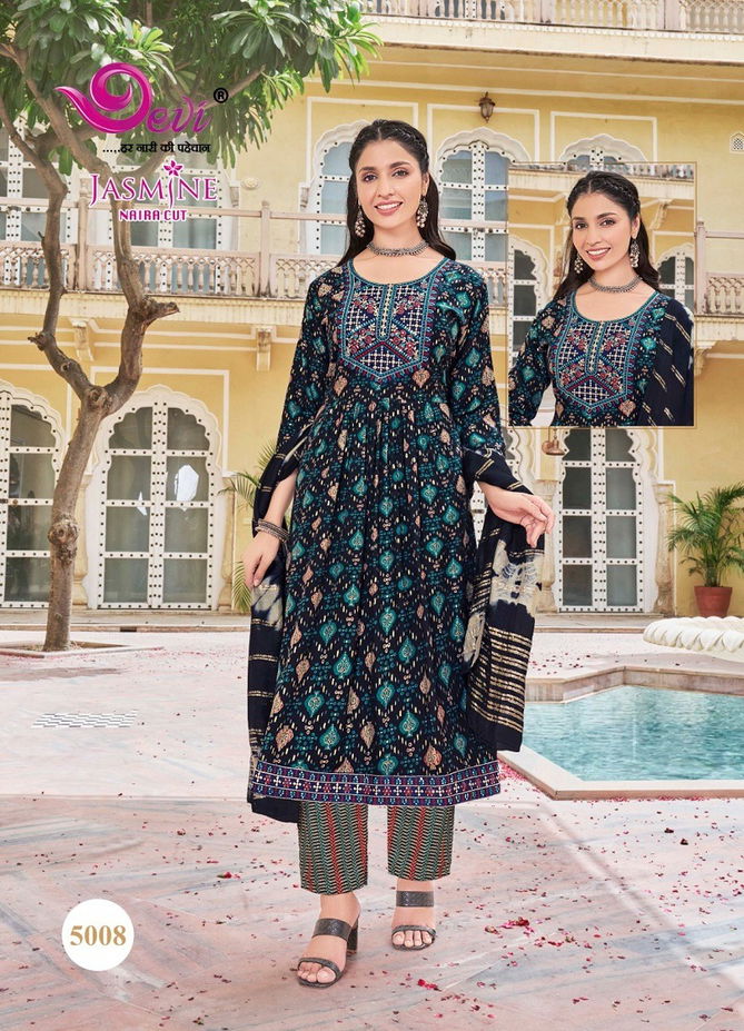 Jasmine Vol 5 By Devi Naira Cut Rayon Printed Kurti With Bottom Dupatta Wholesale Market In  Surat